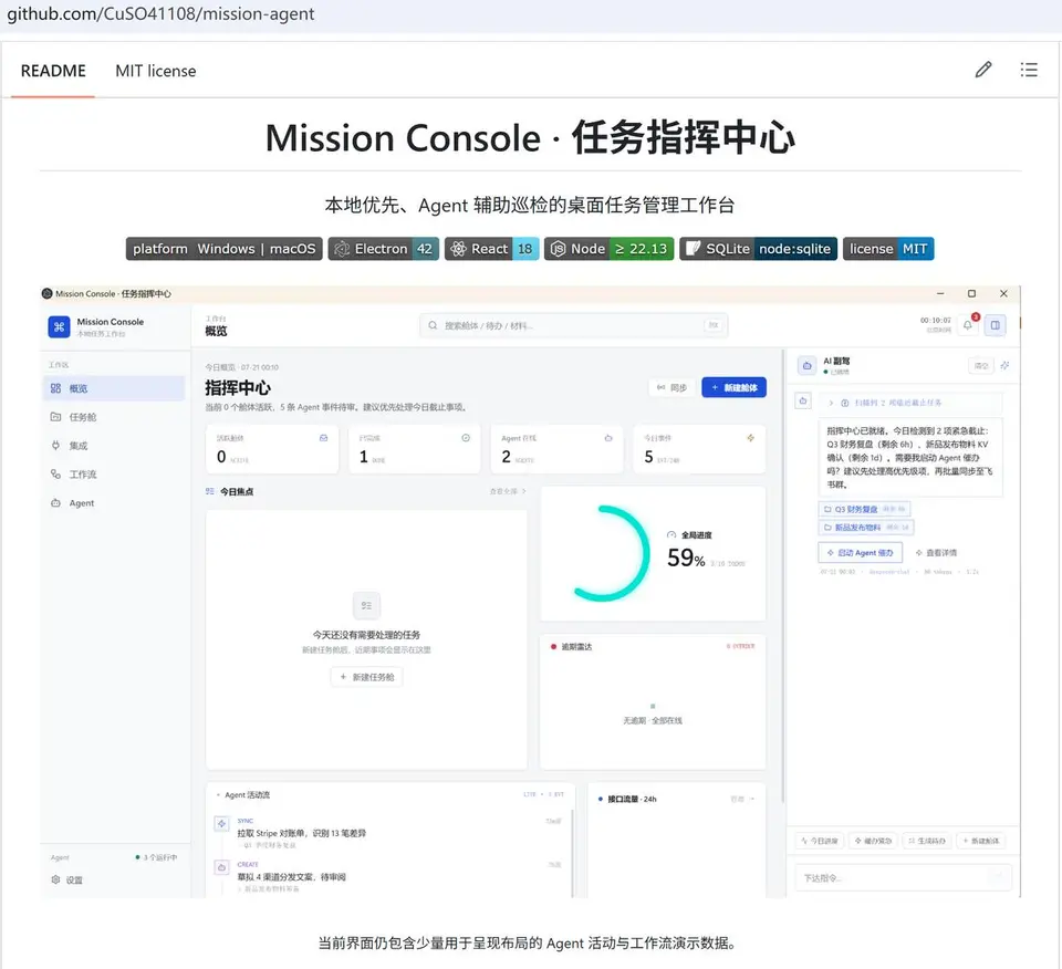 Mission Console · Agent 任务指挥中心 界面预览